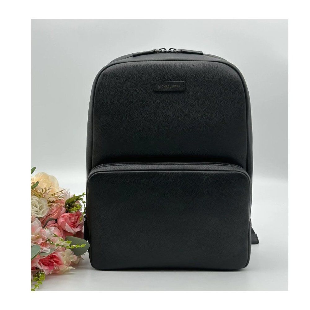 Michael Kors Men’s Black Front Zippers Pocket Leather Travel Backpack